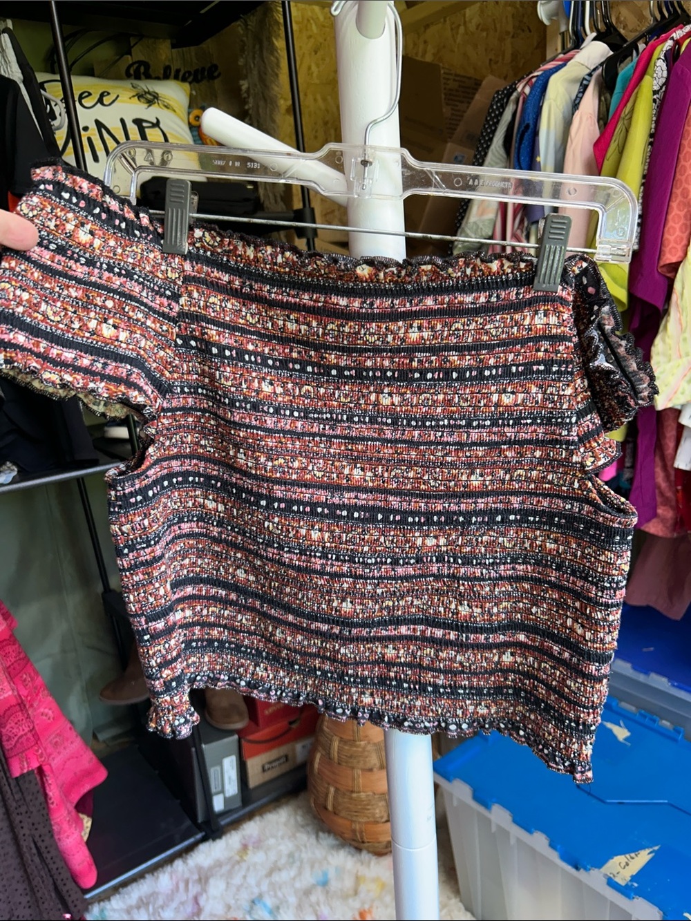 Mossimo Supply Co. Black and Pink Striped Smocked Off-Shoulder Crop Top Size L